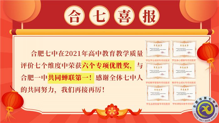 合肥七中在2021你那高中教學質(zhì)量評價中榮獲六個A專項優(yōu)勝獎，與合肥七中共同蟬聯(lián)第一！.jpg